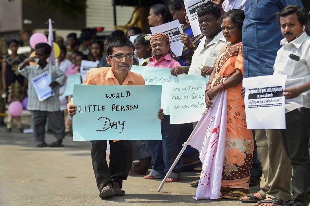 Dwarf persons take part in a rally to observe International Dwarfism Awareness Day, in Chennai. PTI Photo