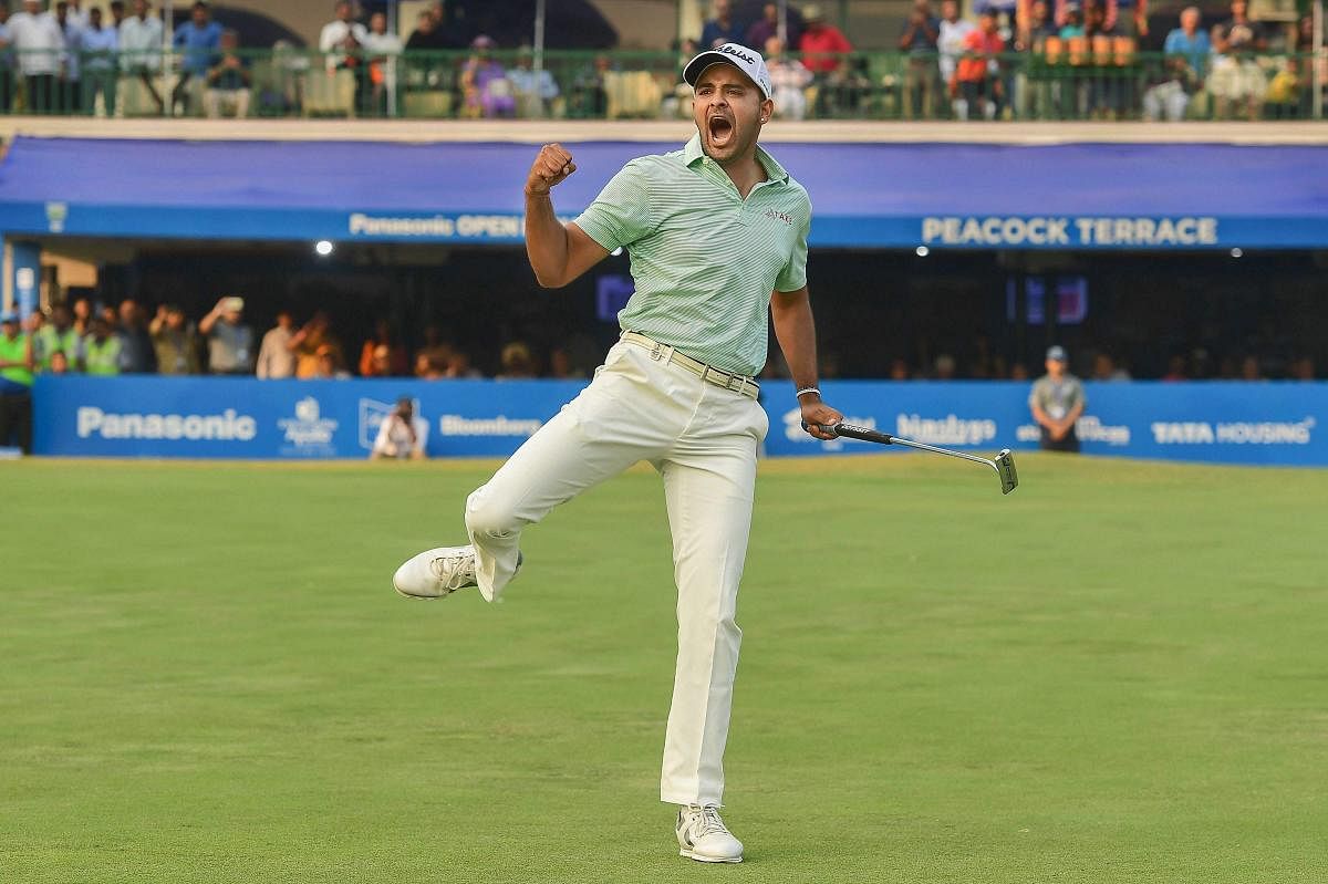 Golf player Khalin Joshi reacts after winning the final round of Panasonic Open India 2018, at Delhi Golf Club in New Delhi, Sunday, oct 28, 2018. (PTI Photo)