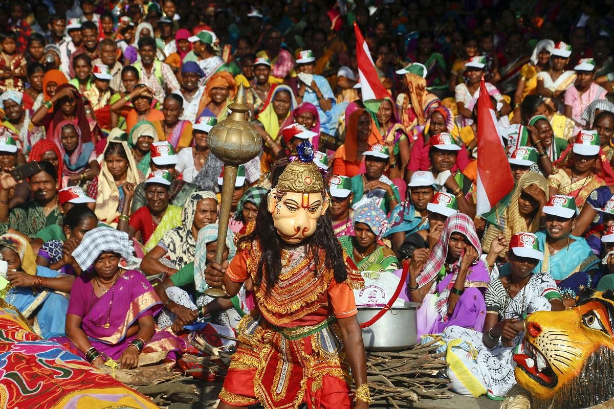 A tribal is dressed as Lord Hanuman as thousands of tribals from four district of Maharashtra - Thane, Palghar, Nashik and Raigad, take part in a protest march demanding better facilities and amenities for them in their villages, in Thane, Tuesday, Oct 30, 2018. (PTI Phtoo)