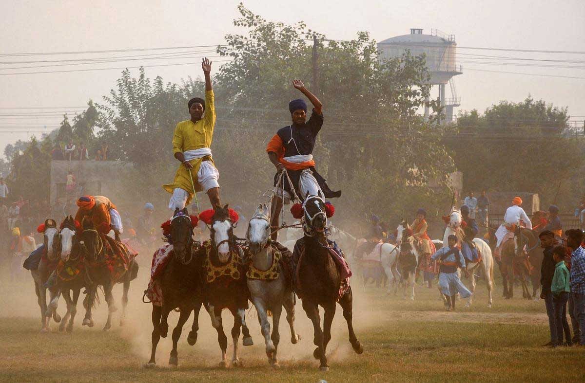 Nihangs or Sikh religious warriors display their horse-riding skills during celebration of the 'Fateh Divas' or 'Victory Day', in Amritsar, Thursday, Nov 8, 2018. The day is celebrated a day after the Diwali festival to mark the arrival of sixth Sikh Guru Hargobind in Amritsar after his release from the Gwalior fort. (PTI Photo)