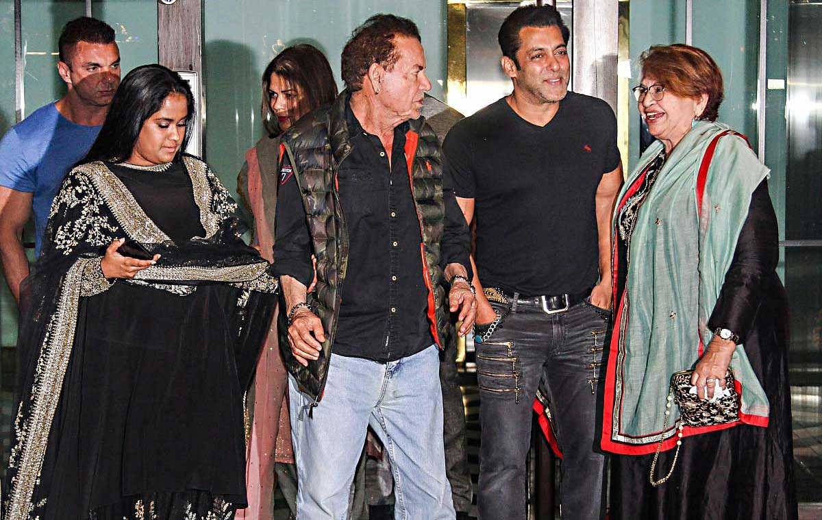 Bollywood actor Salman Khan, film actor, producer and screenwriter Salim Khan and Helen at the Diwali party of Arpita Khan (L) in Mumbai, Wednesday, November 7, 2018. (PTI Photo)