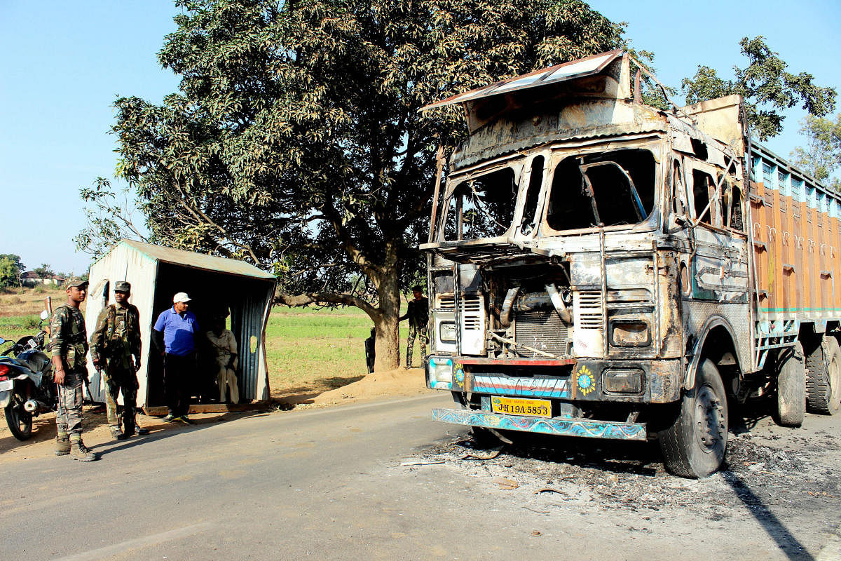 A truck that was allegedly torched by the Maoist rebels in Latehar district of Jharkhand. PTI Photo