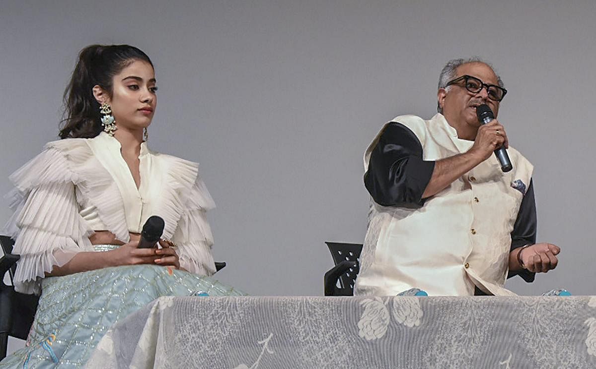 Bollywood Producer Boney Kapoor and actor Janhvi Kapoor during the 49th International Film Festival of India (IFFI-2018), in Panaji.  PTI photo