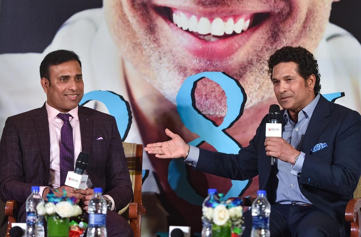 Former cricketers VVS Laxman and Sachin Tendulkar at the launch of Laxman’s autobiography ‘281 and Beyond’, in Mumbai.  PTI photo