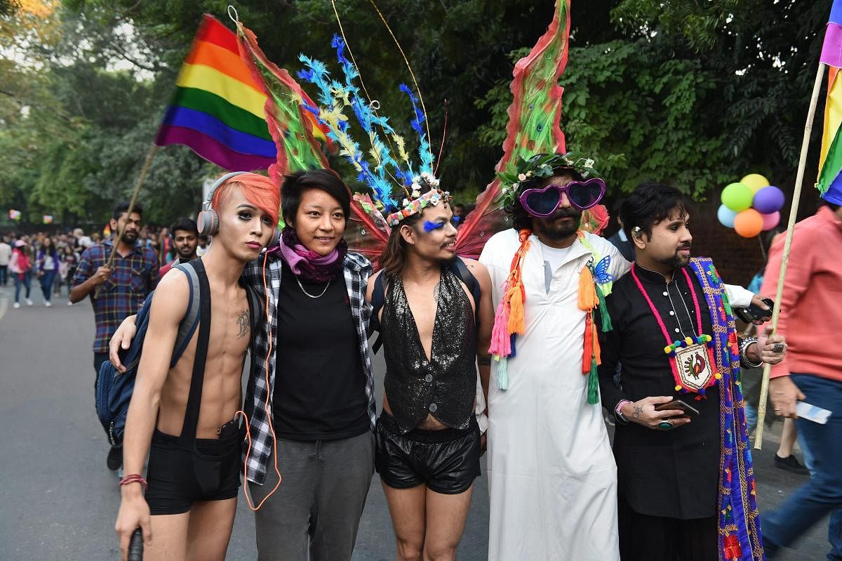 New Delhi: Members and supporters of the LGBT (lesbians, gays, bisexual and transgender) groups during Delhi's Queer Pride march, in New Delhi, Sunday, Nov. 25, 2018. (PTI Photo/Atul Yadav)