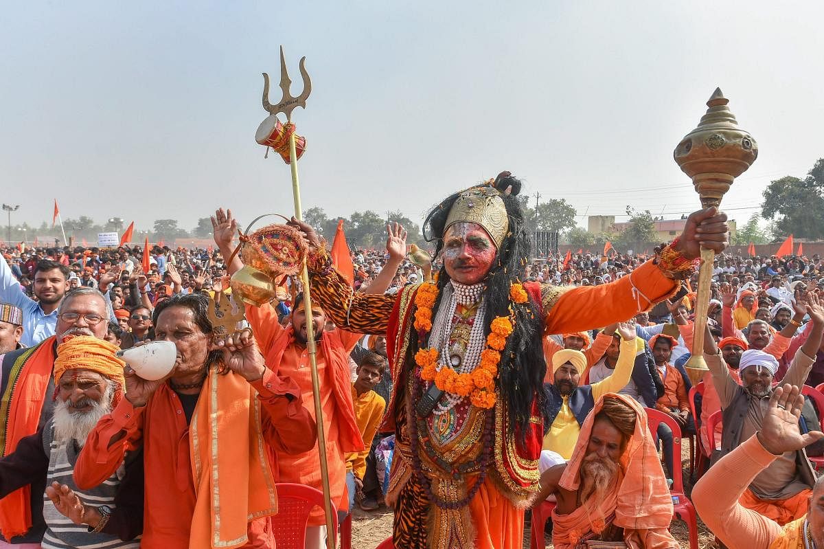 Ayodhya: People participate in `Dharam Sabha’, being organised by the Vishwa Hindu Parishad to push for the construction of the Ram temple, in Ayodhya, Sunday, Nov. 25, 2018. (PTI Photo)
