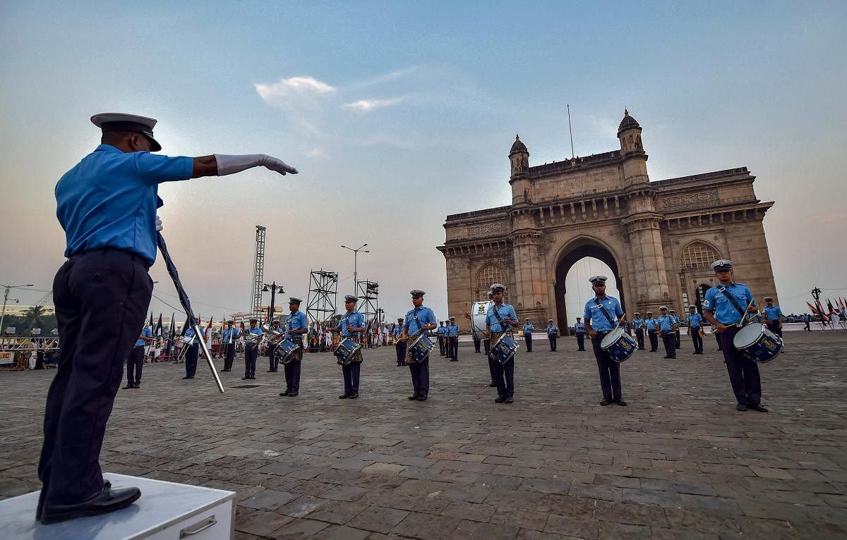 Members of the Naval Band participate in a rehearsal of Beating Retreat and Tattoo Ceremony at Gateway of India in Mumbai on Friday, Nov. 30, 2018. (PTI Photo/Mitesh Bhuvad)
