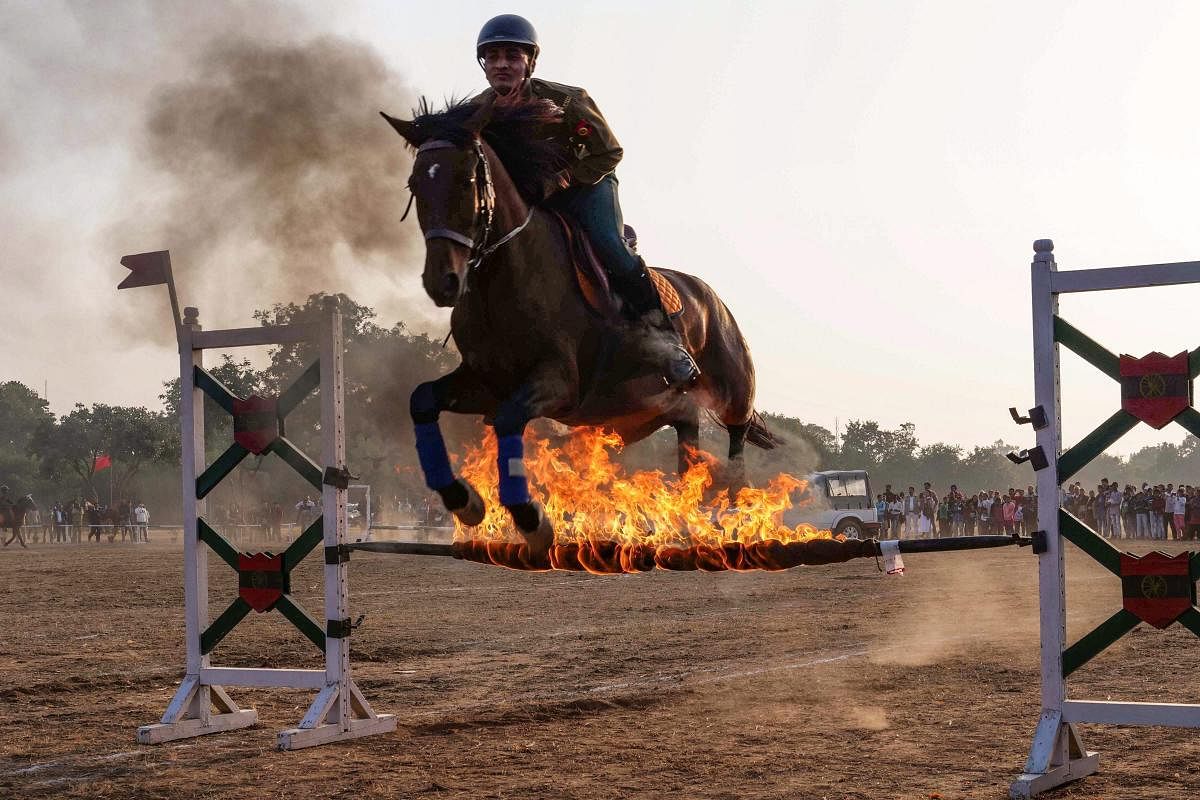A horse rider displays his skills during Military Literature Festival, in Chandigarh. (PTI Photo)