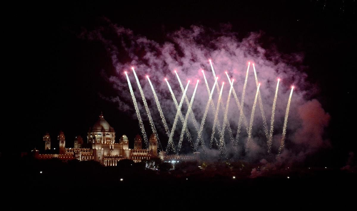 Fireworks at Umaid Palace on the occasion of actress Priyanka Chopra and Nick Jonas wedding ceremony in Jodhpur. (PTI Photo)
