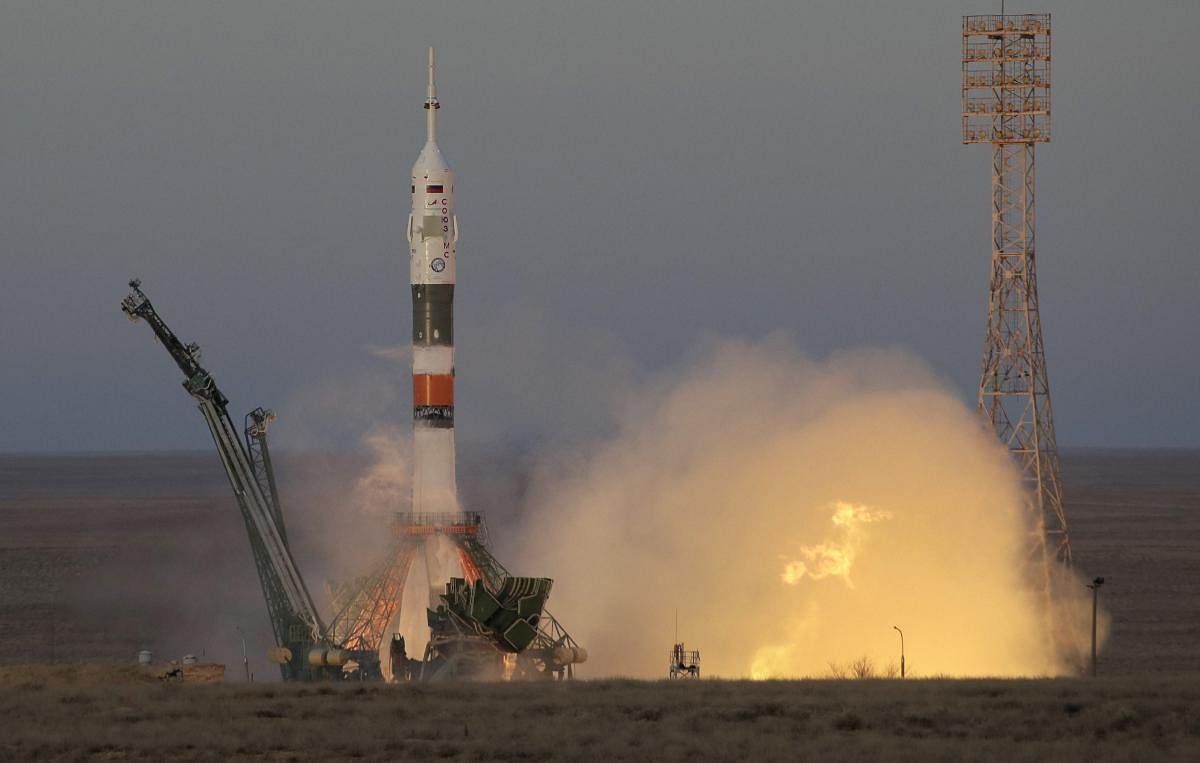 The Soyuz-FG rocket booster with Soyuz MS-11 space ship carrying a new crew to the International Space Station, ISS, blasts off at the Russian leased Baikonur cosmodrome, Kazakhstan. (AP/PTI Photo)