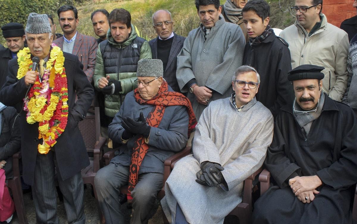 Peoples Democratic Party (PDP) leaders and former legislators Basharat Bukhari and Peer Muhammad Hussain join National Conference in presence of the party President Farooq Abdullah and party vice-president Omar Abdullah, in Srinagar, Wednesday, Dec 19, 2018. (PTI Photo)