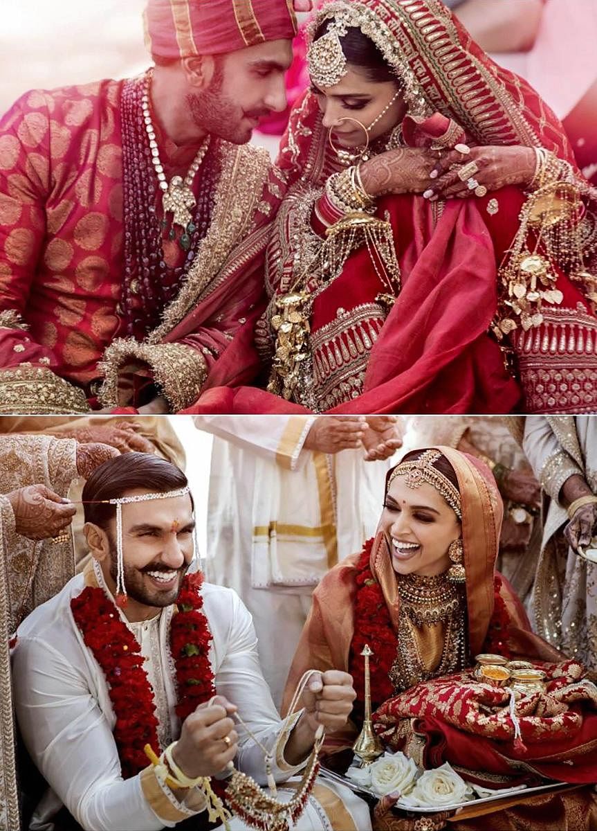 A combo of pictures from the wedding ceremony of Bollywood actors Deepika Padukone and Ranveer Singh, who got married on Nov 14-15 in traditional Konkani and Sindhi ceremonies, at Lake Como in Italy on November 15.