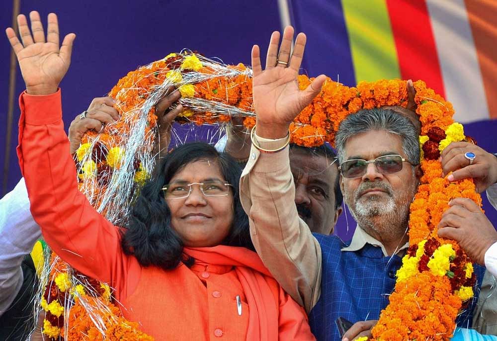 MP Savitribai Phule, who recently resigned from BJP, during a rally in Lucknow. PTI Photo