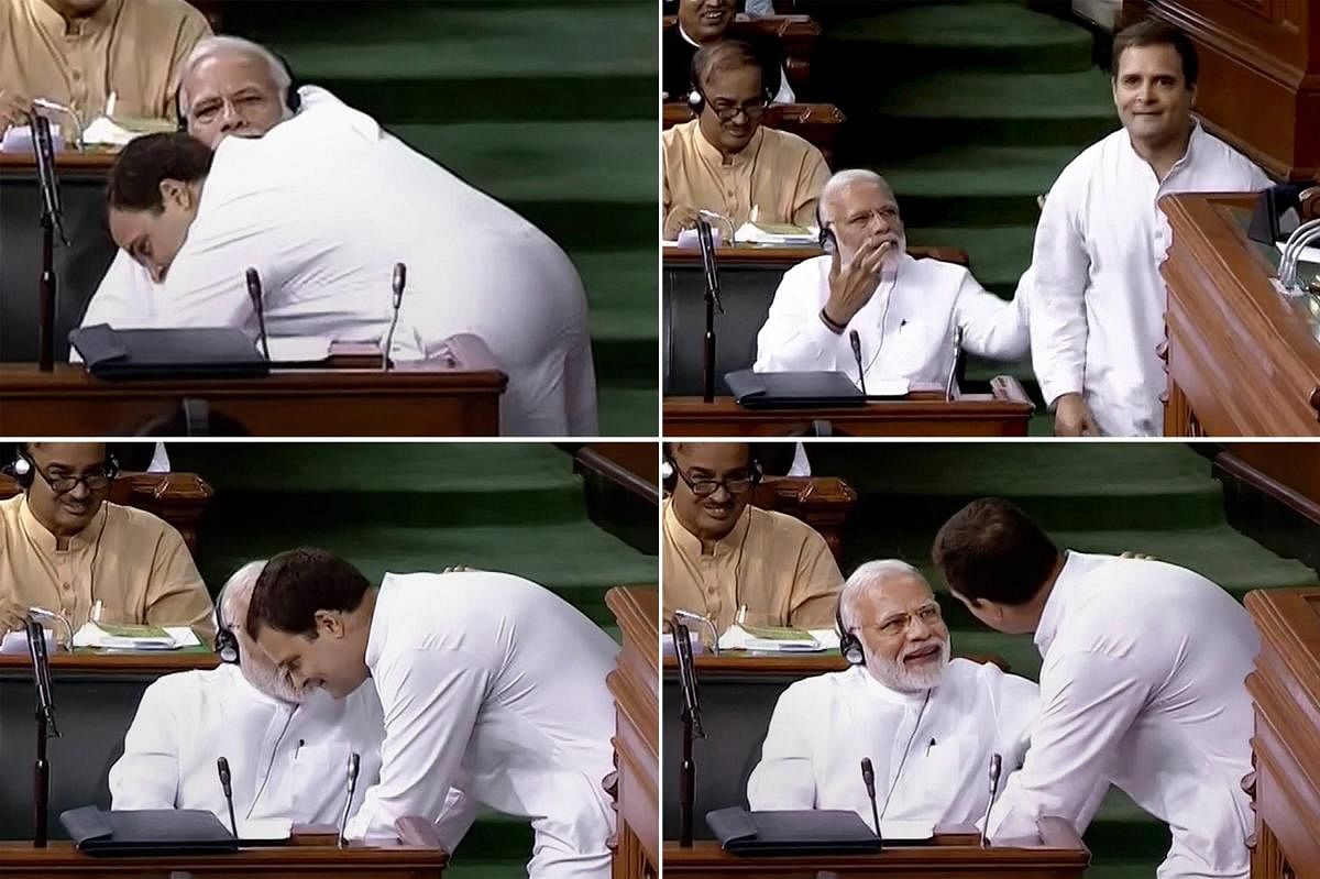 In this combo of four photos is seen Congress President Rahul Gandhi as he hugs Prime Minister Narendra Modi after his speech in the Lok Sabha on 'no-confidence motion' during the Monsoon Session of Parliament, in New Delhi on July 20, 2018