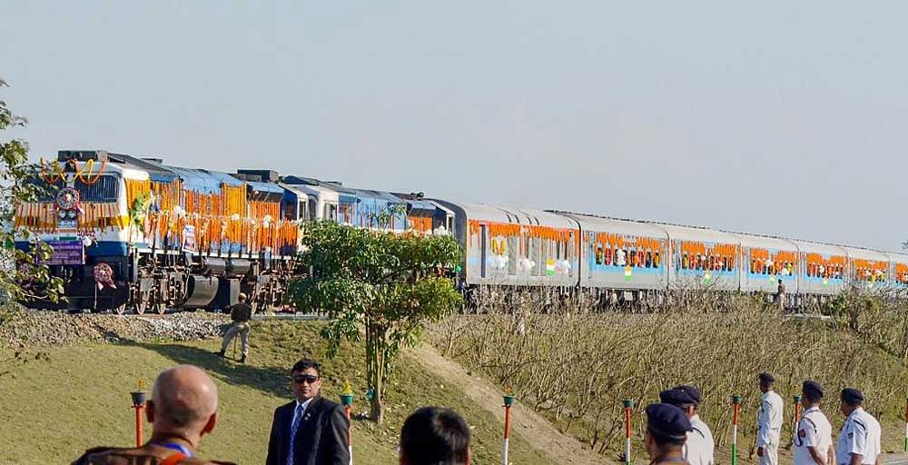 The first passenger train which was flagged off by Prime Minister Narendra Modi after he inaugurated the Bogibeel Bridge, the longest rail-cum-road bridge on Brahmaputra river, in Dibrugarh. PTI Photo