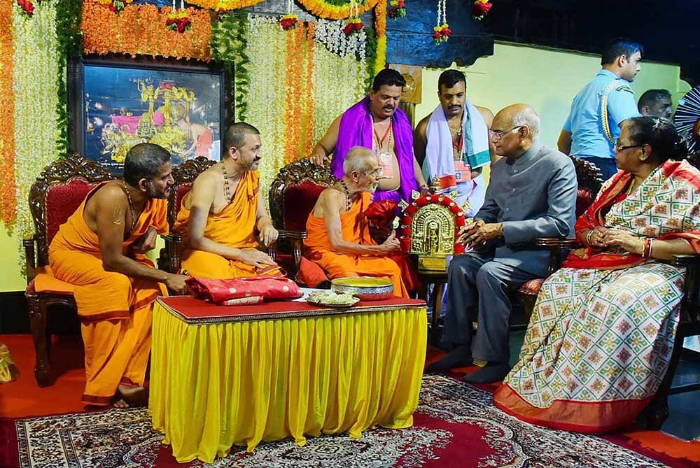 President Ram Nath Kovind with First Lady Savita Kovind visits Udupi Pejavar Math, in Udupi. PTI Photo