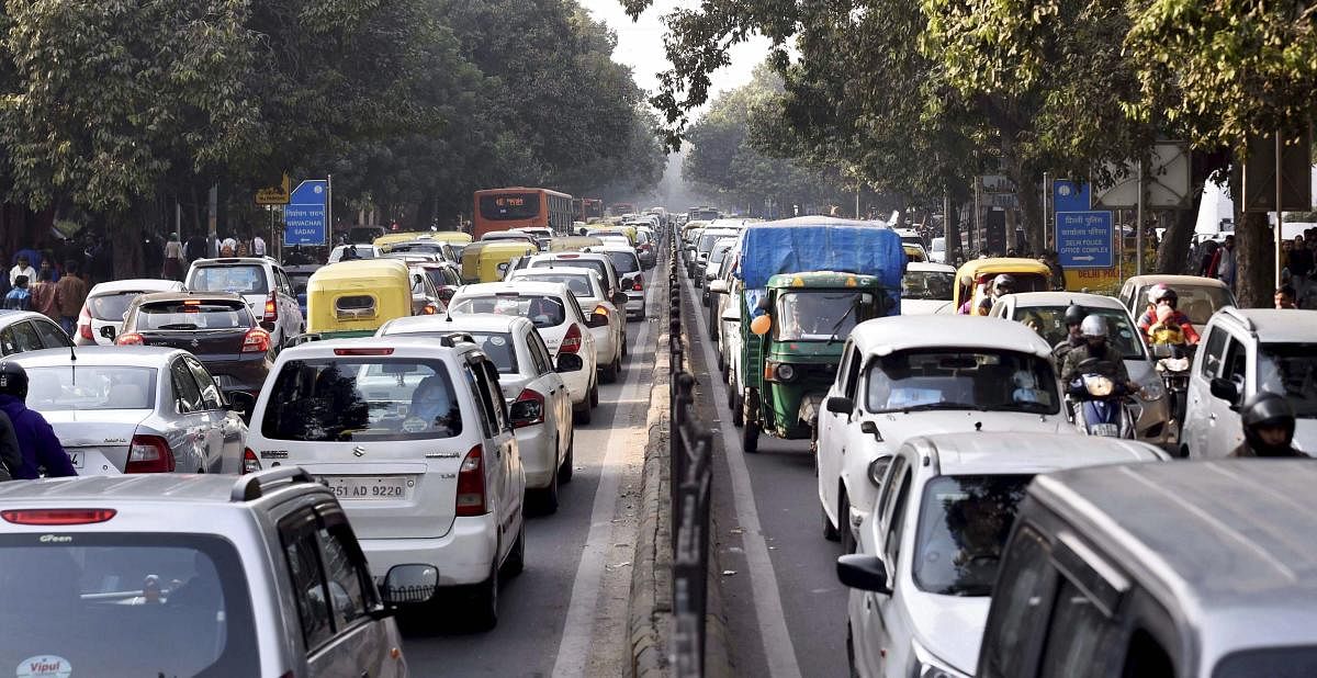 A view of heavy traffic at Connaught Place on the first day of the New Year 2019, in New Delhi. PTI