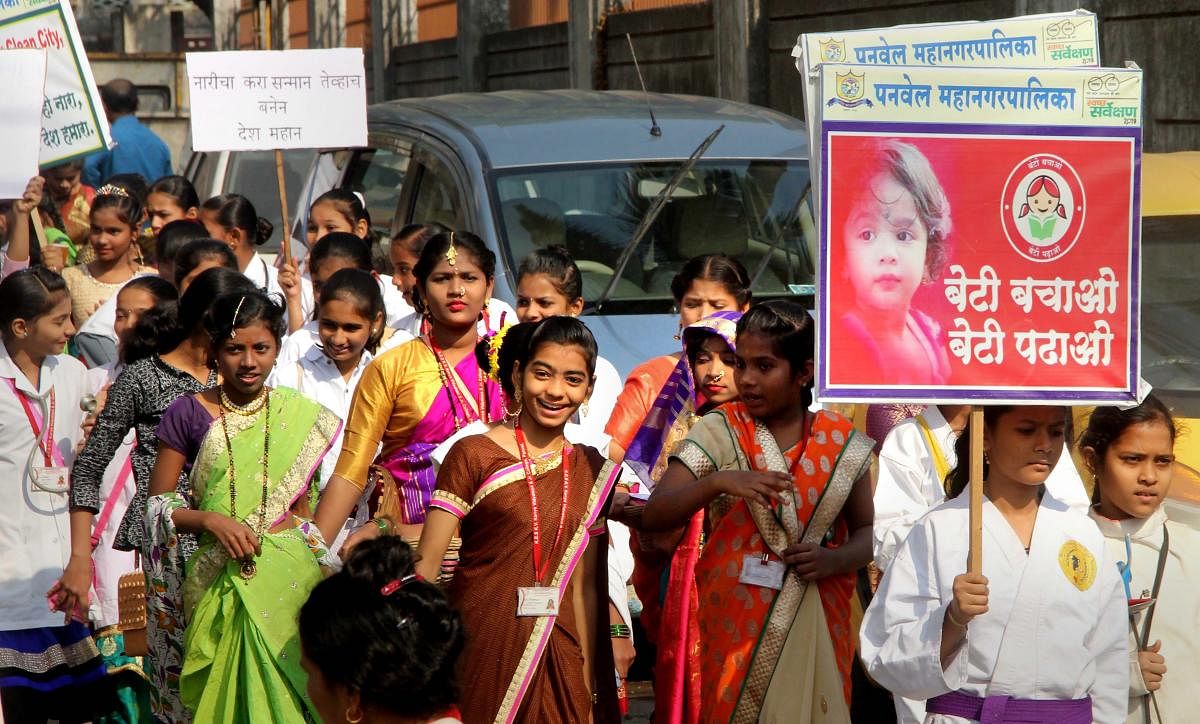 Girls participate in an awareness rally on the eve of Savitribai Phule Jayanti organised by Panvel Municipal Corporation and Women & Child Department, at Panvel in Navi Mumbai. PTI