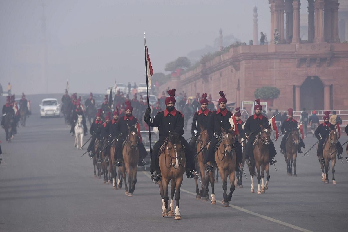 President's bodyguards rehearse for the upcoming Republic Day parade 2019 on a cold, winter morning, at Rajpath in New Delhi, Monday, Jan. 7, 2019. (PTI Photo)