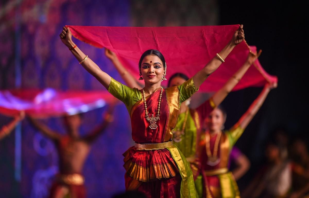 Dancers of Kalakshetra Foundation perform during the inaugural session of the second edition of Global Investors Meet (GIM) 2019 at Trade Centre in Chennai. (PTI Photo/R Senthil Kumar)