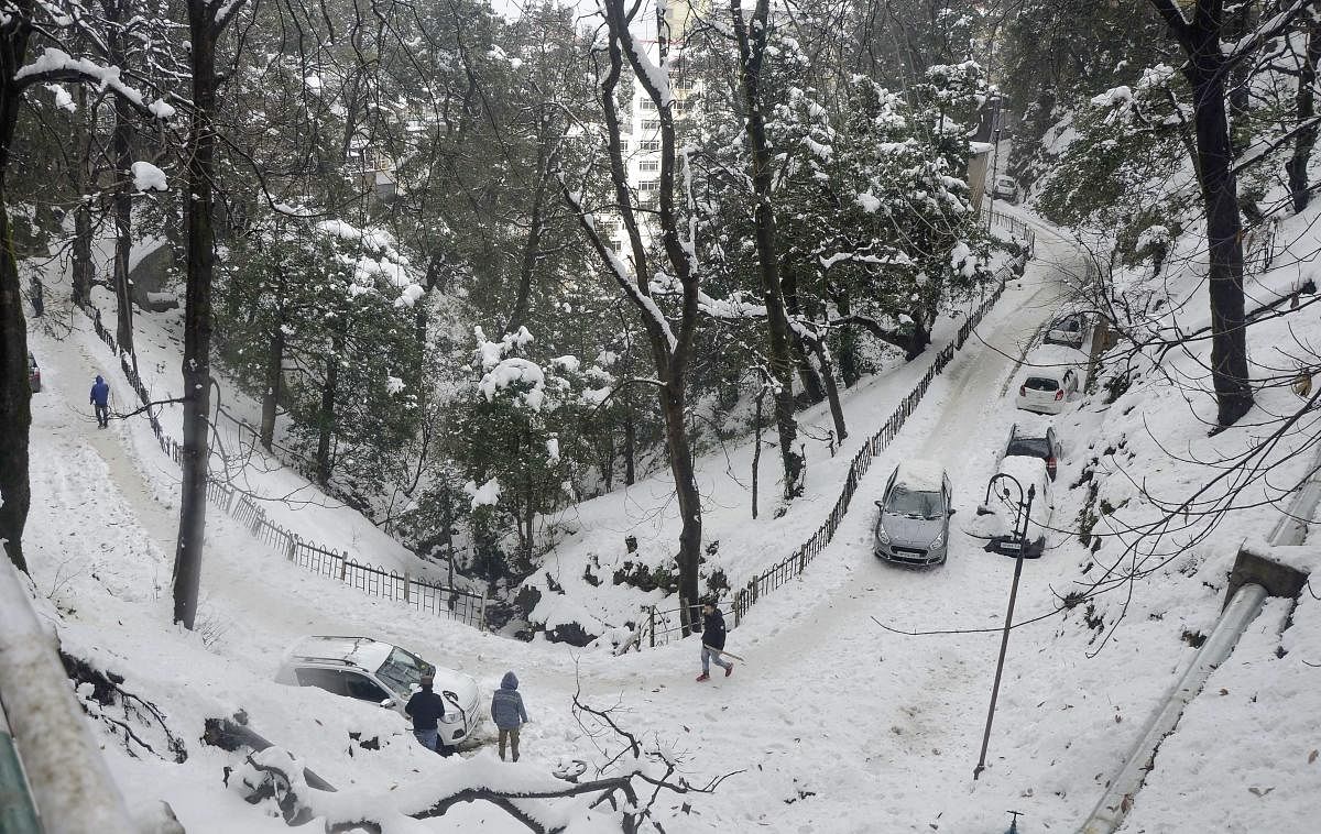Vehicles move slowly on a snow covered road after heavy snowfall in Shimla. (PTI Photo)