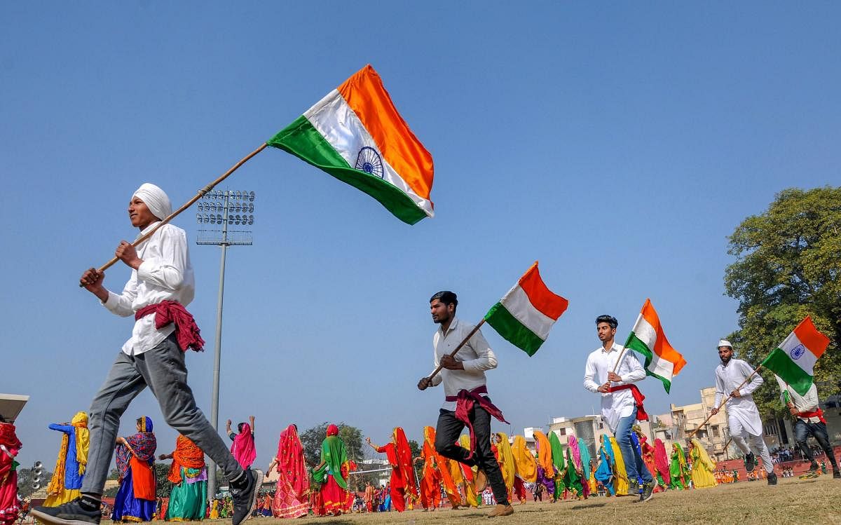 Students take part in the full dress rehearsal for Republic Day celebrations, in Amritsar. (PTI Photo)