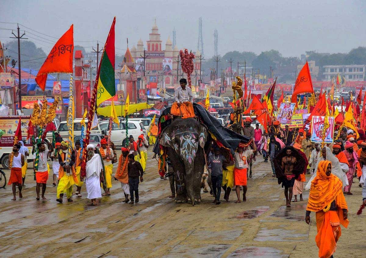 Sadhus take part in a religious procession during Kumbh Mela or pitcher festival, in Allahabad (Prayagraj), Friday, Jan. 25, 2019. (PTI Photo)
