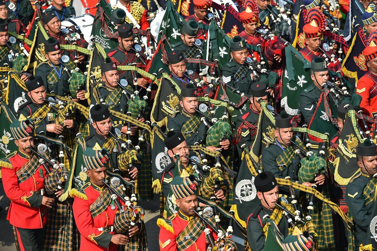 Massed Pipes and Drums Band performs during the 70th Republic Day celebrations at Rajpath in New Delhi, Saturday, Jan. 26, 2019. (PTI Photo)