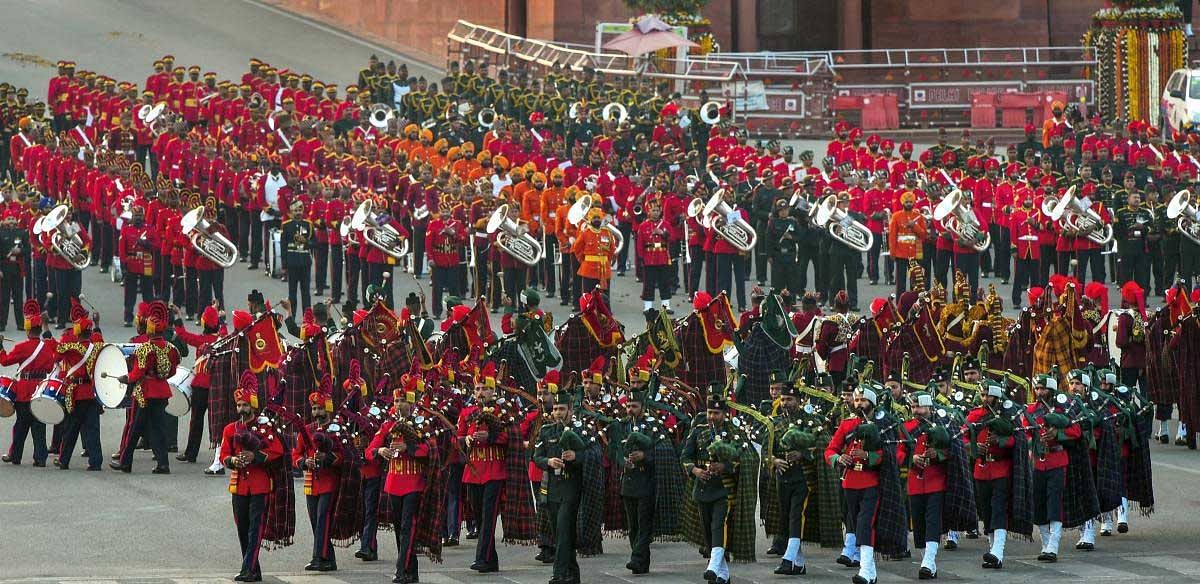 Tri-services band performs during a full dress rehearsal for the Beating Retreat ceremony at Vijay Chowk, in New Delhi, Sunday, Jan 27, 2019. (PTI Photo)