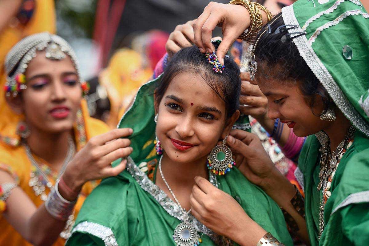 Students dressed in colourful attire participate in the 10th Hindu Spiritual and Service Fair 2019, in Chennai, Tuesday, Jan 29, 2019. (PTI Photo)