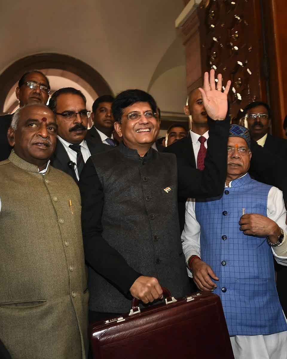 Finance Minister Piyush Goyal with MoS Finance ministers Shiv Pratap Shukla and P Radhakrishnan arrives in the Parliament to Present the interim Budget 2019-20, in New Delhi, Friday, 1 Feb, 2019. (PTI Photo)