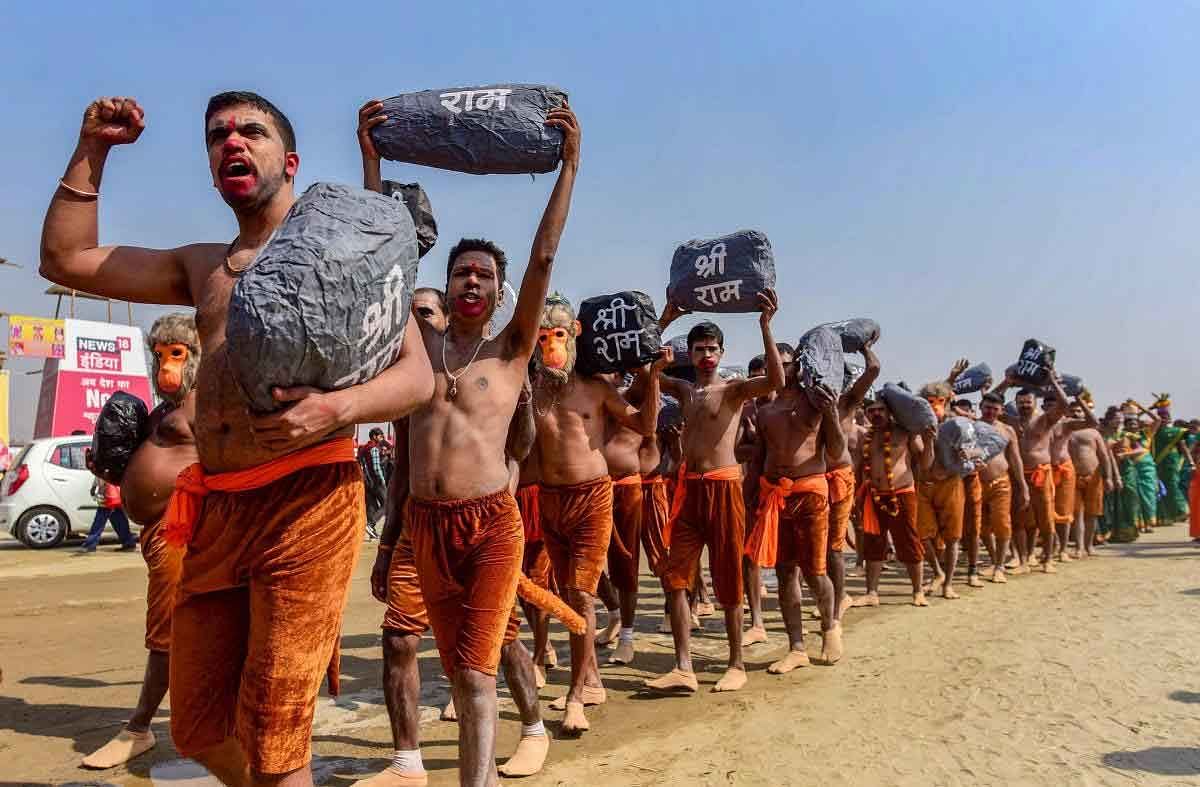 Hindu devotees, dressed up as Ram Sena, take part in a religious procession to press for the construction of the Ram Temple in Ayodhya, during the Kumbh Mela in Prayagraj (Allahabad), Friday, Feb 1, 2019. (PTI Photo)