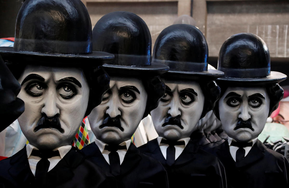 Figures of Charlie Chaplin are seen during preparations for the carnival parade in Nice, France, February 4, 2019. REUTERS/Eric Gaillard
