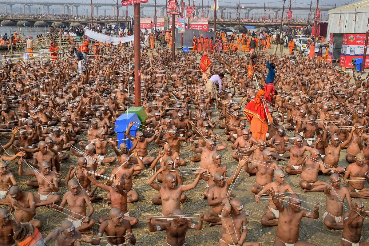 Allahabad: Newly initiated 'Naga Sadhus' participate in a ritual on the banks of River Ganga during Kumbh Mela 2019, in Allahabad (Prayagraj), Wednesday, Feb. 06, 2019. (PTI Photo)