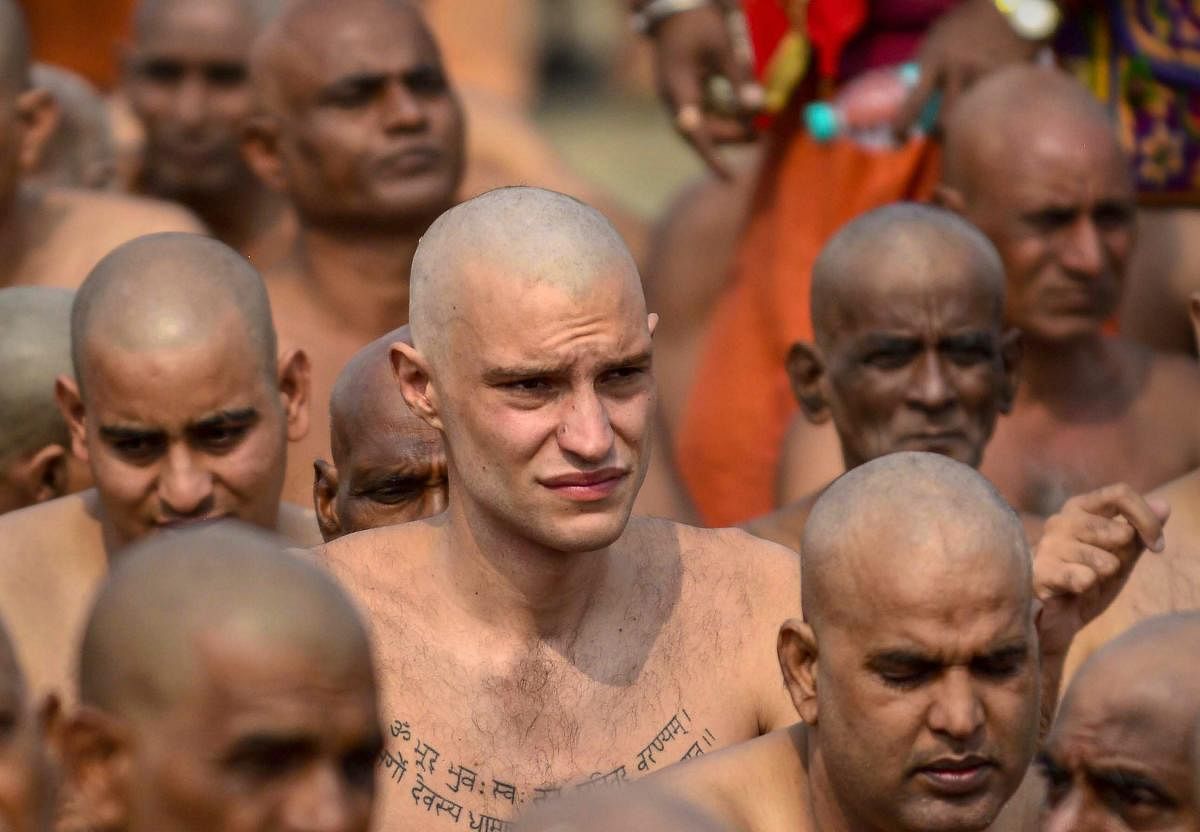 Allahabad: Newly-initiated Naga Sadhus perform rituals at the bank of Ganga river during the ongoing Kumbh Mela festival 2019, in Allahabad (Prayagraj), Wednesday, Feb 6, 2019. (PTI Photo)