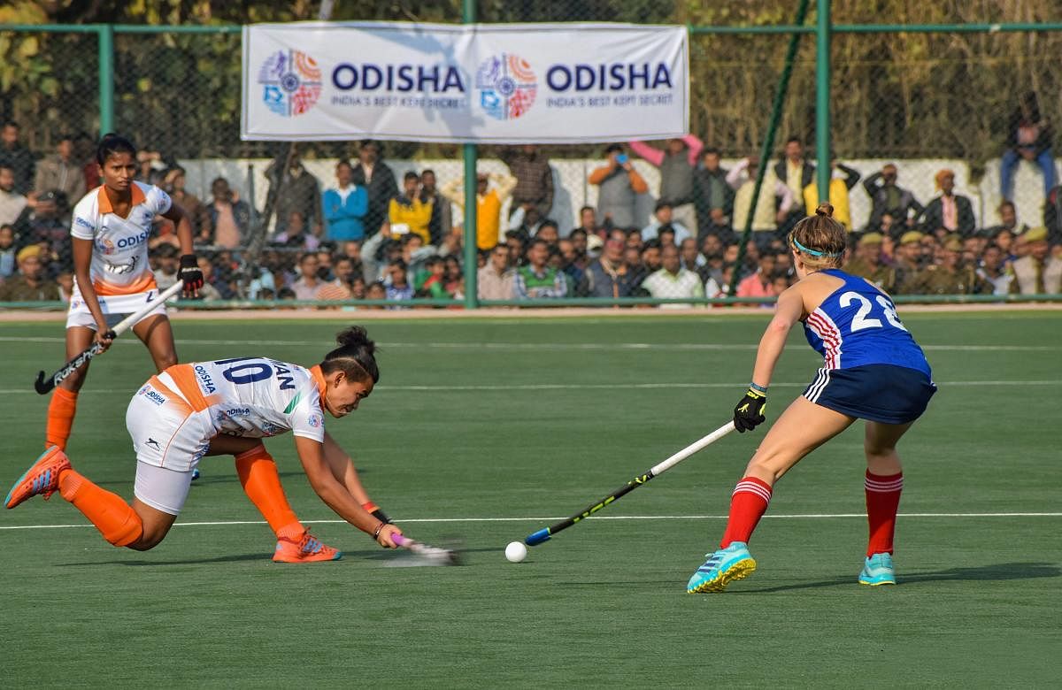 Players of India A and France A women's hockey teams in action in Gorakhpur, Sunday, Feb 10, 2019. India A won the match. (PTI Photo)
