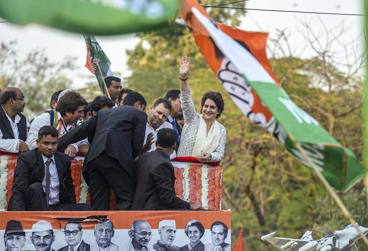 Congress President Rahul Gandhi and party General Secretary Priyanka Gandhi Vadra (R) during their roadshow in Lucknow, Monday, Feb 11, 2019 (PTI Photo/Atul Yadav)