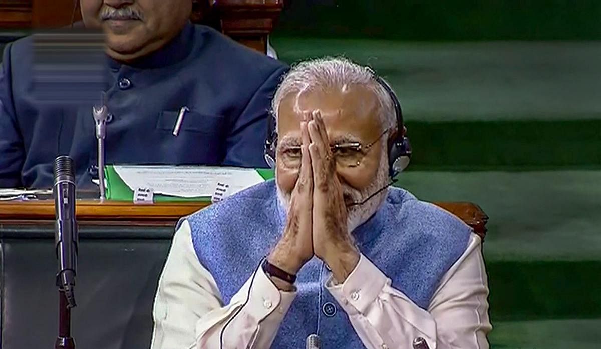 Prime Minister Narendra Modi in the Lok Sabha on the last day of the Budget Session of Parliament, in New Delhi, Wednesday, Feb. 13, 2019. (LSTV GRAB/PTI Photo)