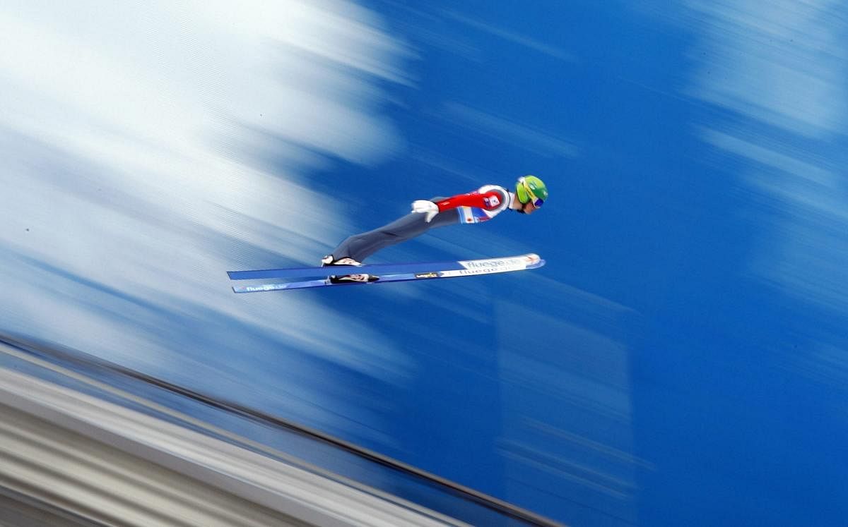 Finland's Leevi Mutru soars through the air during the Nordic Combined, Ski Jumping HS109 team event, at the Nordic Ski World Championships in Seefeld, Austria. AP/PTI