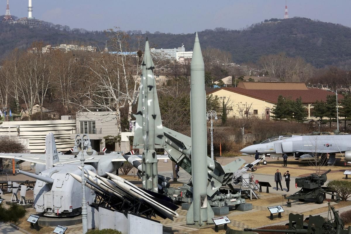 A mock North Korean Scud-B missile, center right, and South Korean missiles are displayed at Korea War Memorial Museum in Seoul, South Korea. AP/PTI
