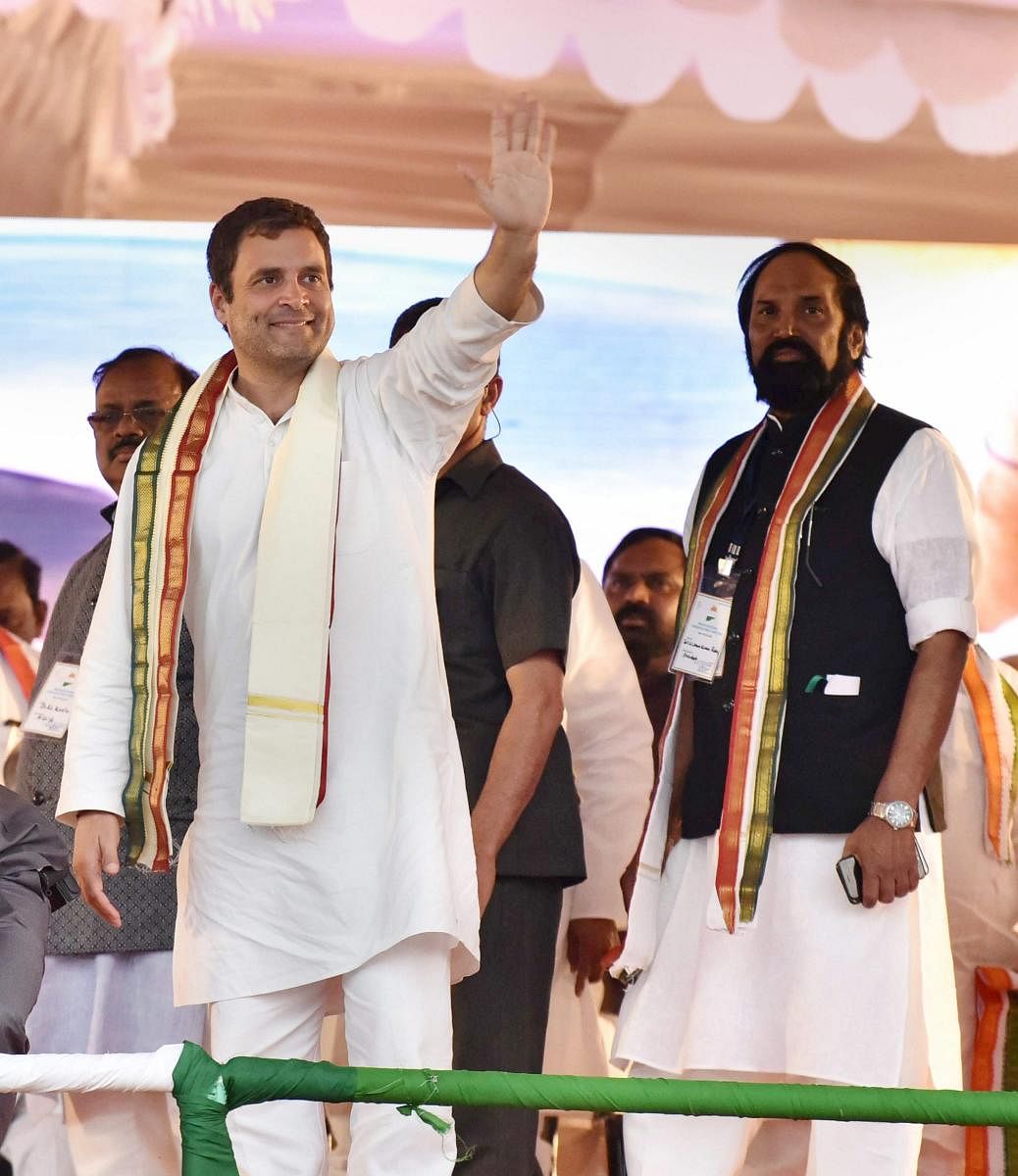 Hyderabad: Congress President Rahul Gandhi being presented a memento at a public meeting at Chevella constituency near Hyderabad, Saturday, March 9, 2019. (PTI Photo)