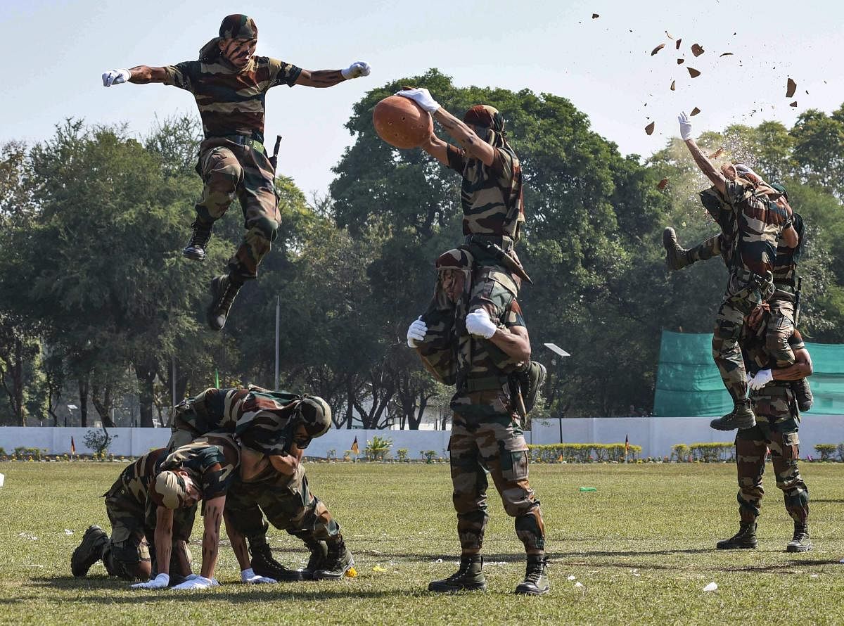 Gorkha Rifles Regiment jawans perform 'Khukuri' at the opening ceremony of a Field Training Exercise at AMC Centre, in Lucknow, Monday, March 11, 2019. (PTI Photo/Nand Kumar)