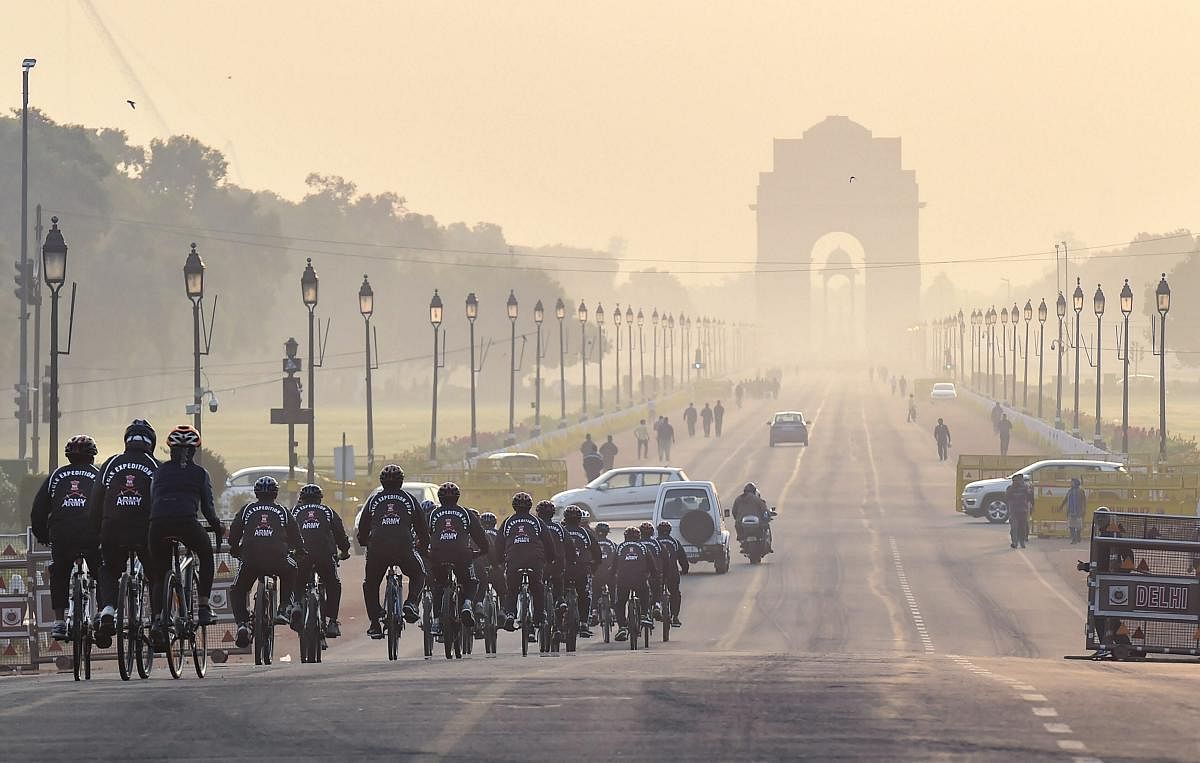 Members of Indian and Maldives army participate in a joint Indo-Maldives cycling expedition, in New Delhi, Monday, March 11, 2019. (PTI Photo/Kamal Singh)