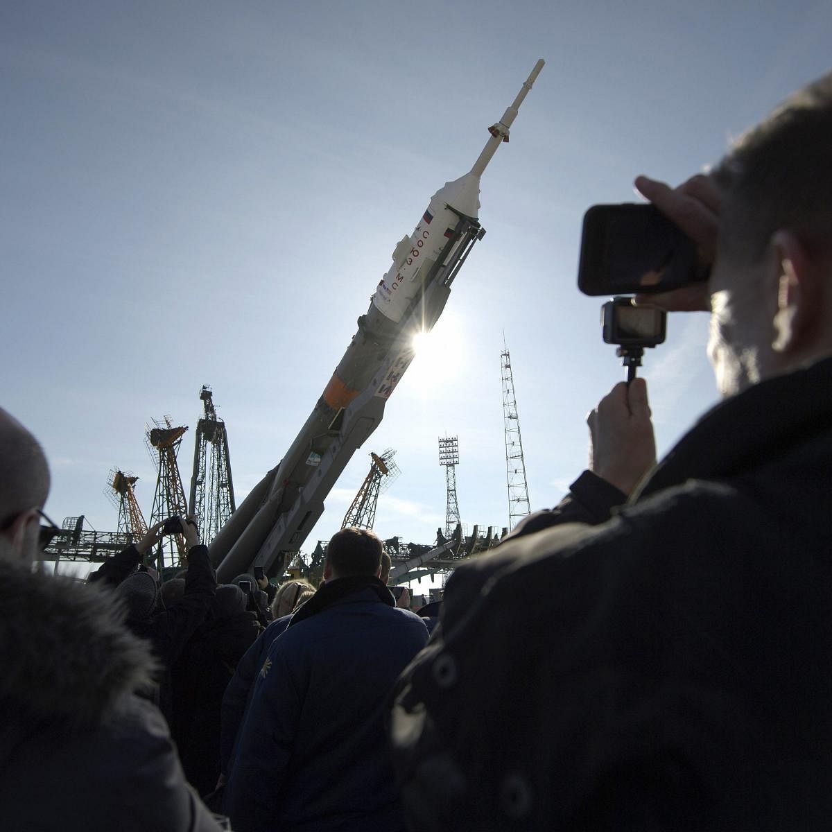 In this photo provided by NASA, the Soyuz rocket is raised into vertical position on the launch pad at the Baikonur Cosmodrome in Kazakhstan on Tuesday, March 12, 2019. Expedition 59 crew members Nick Hague and Christina Koch of NASA, along with Alexei Ovchinin of Roscosmos, will launch March 14 on the Soyuz MS-12 spacecraft from the Baikonur Cosmodrome for a six and a half month mission on the International Space Station. AP/PTI