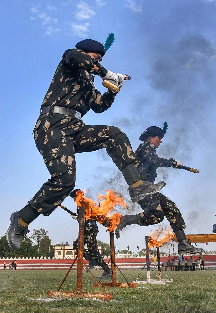 Bhopal: Police personnel of 23 Battalion Special Armed Force display their skills during the full dress rehearsal ahead of Women's Day celebration, in Bhopal, Tuesday, March 12, 2019. (PTI Photo)