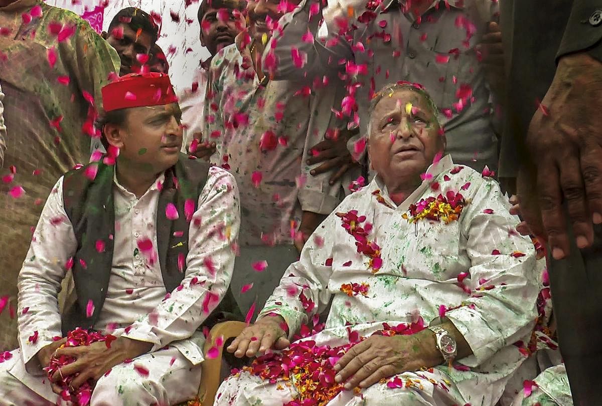 Samajwadi Party President Akhilesh Yadav with SP founder Mulayam Singh Yadav during Holi celebrations, at their native place in Saifai. (PTI Photo)