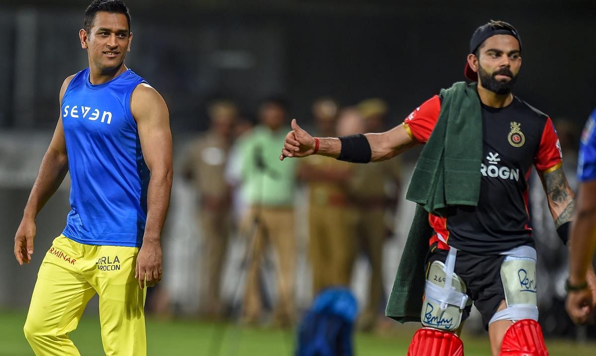 Skippers of Chennai Super Kings (CSK) MS Dhoni and Royal Challengers Bangalore (RCB) Virat Kohli at a practice session ahead of IPL 2019, in Chennai. (PTI Photo)