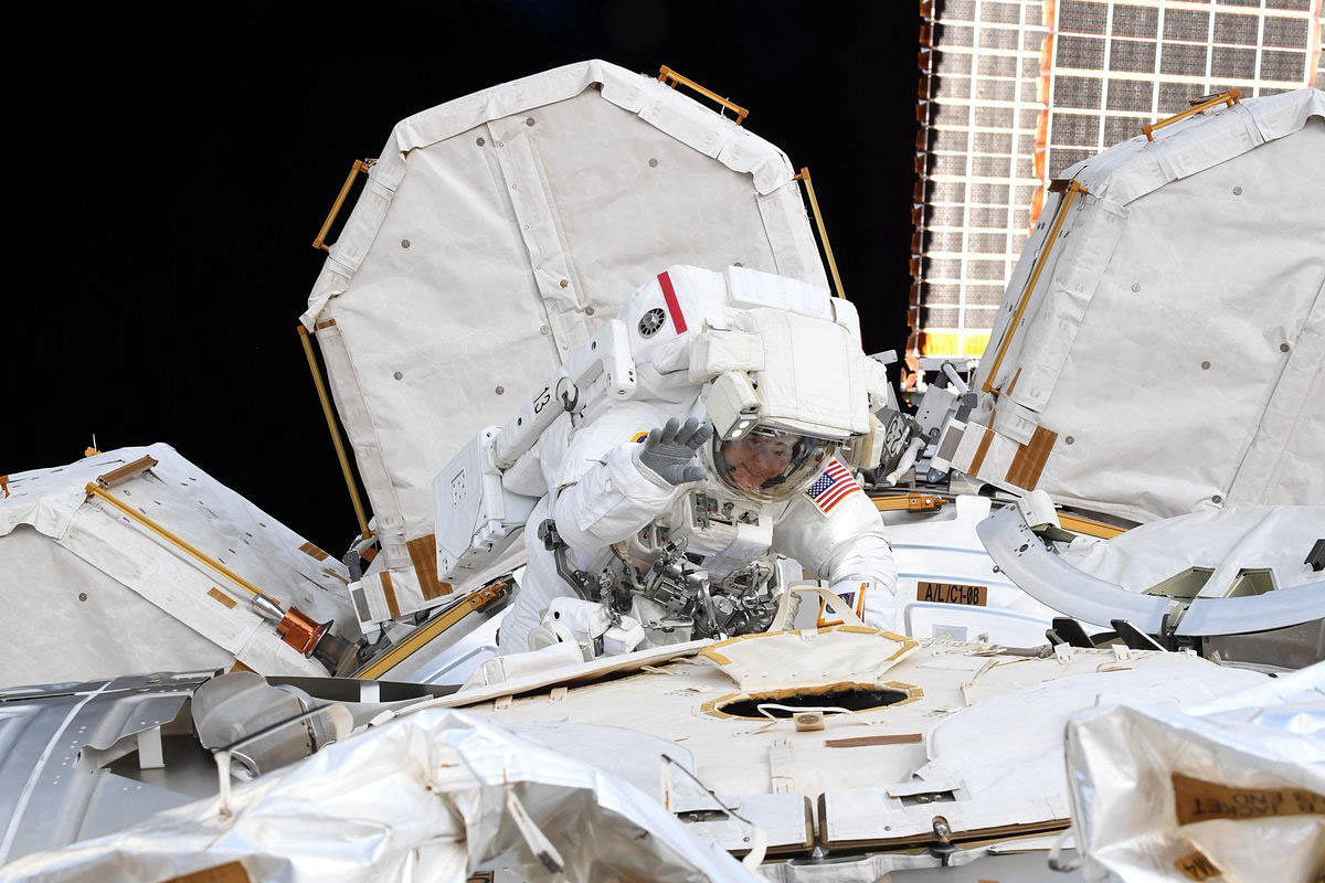 NASA astronaut Anne McClain is seen during Friday's spacewalk in this social media photo from the International Space Station posted on March 25, 2019. Picture posted on March 25, 2019. Courtesy NASA/Handout via REUTERS