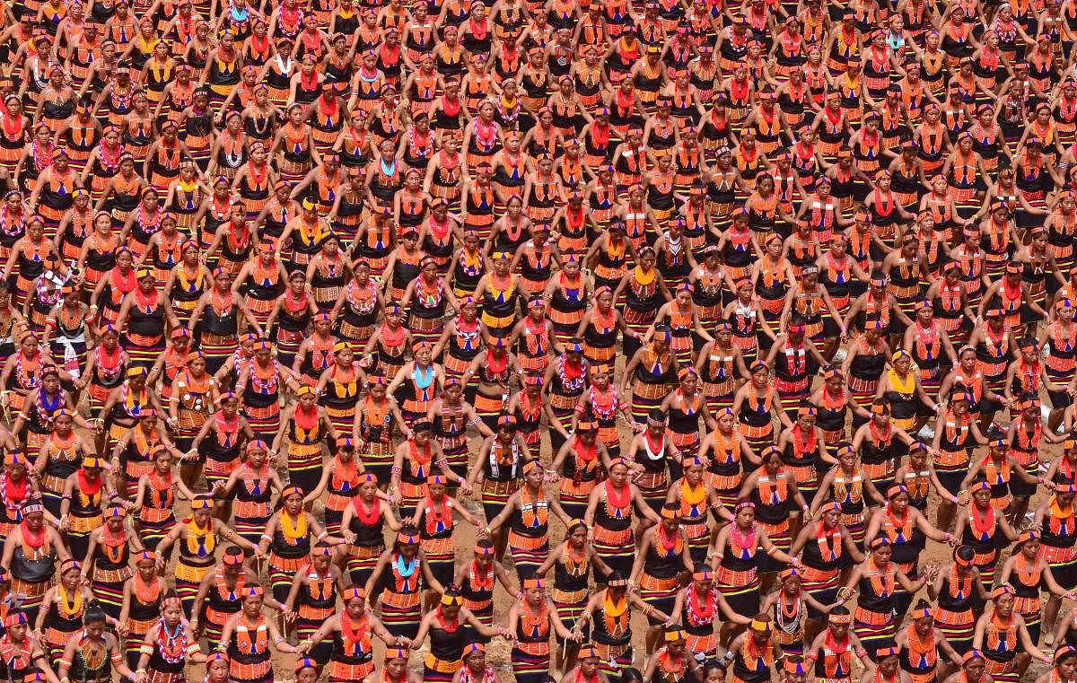 Konyak tribal women participate to set a Guinness World Record for the 'largest traditional Konyak dance', in Kohima, Friday, April 05, 2019.(PTI Photo)