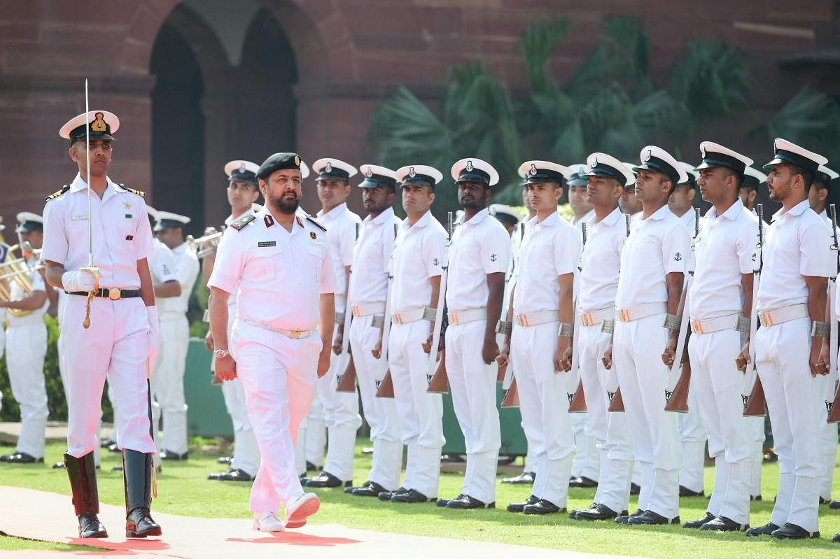 Commander Qatar EMIRI Naval Forces Staff Major General Abdullah Bin Hassan Al Sulaiti inspects the guard of honour, at South Block in New Delhi, Friday, April 05, 2019. (PTI Photo)